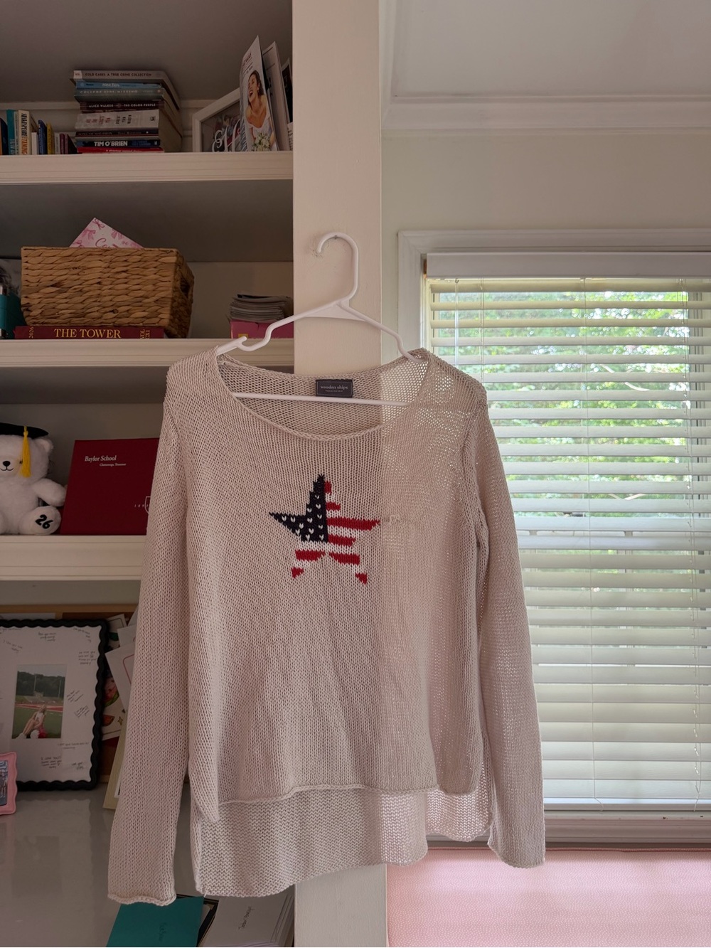 Wooden Ships Cream Knit Crewneck Sweater with Flag Star
